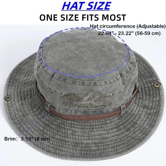 Unisex Dark Grey 100% Cotton Wide Brim Boonie With Chin Strap Classic Bucket Hat - Picture 4 of 6
